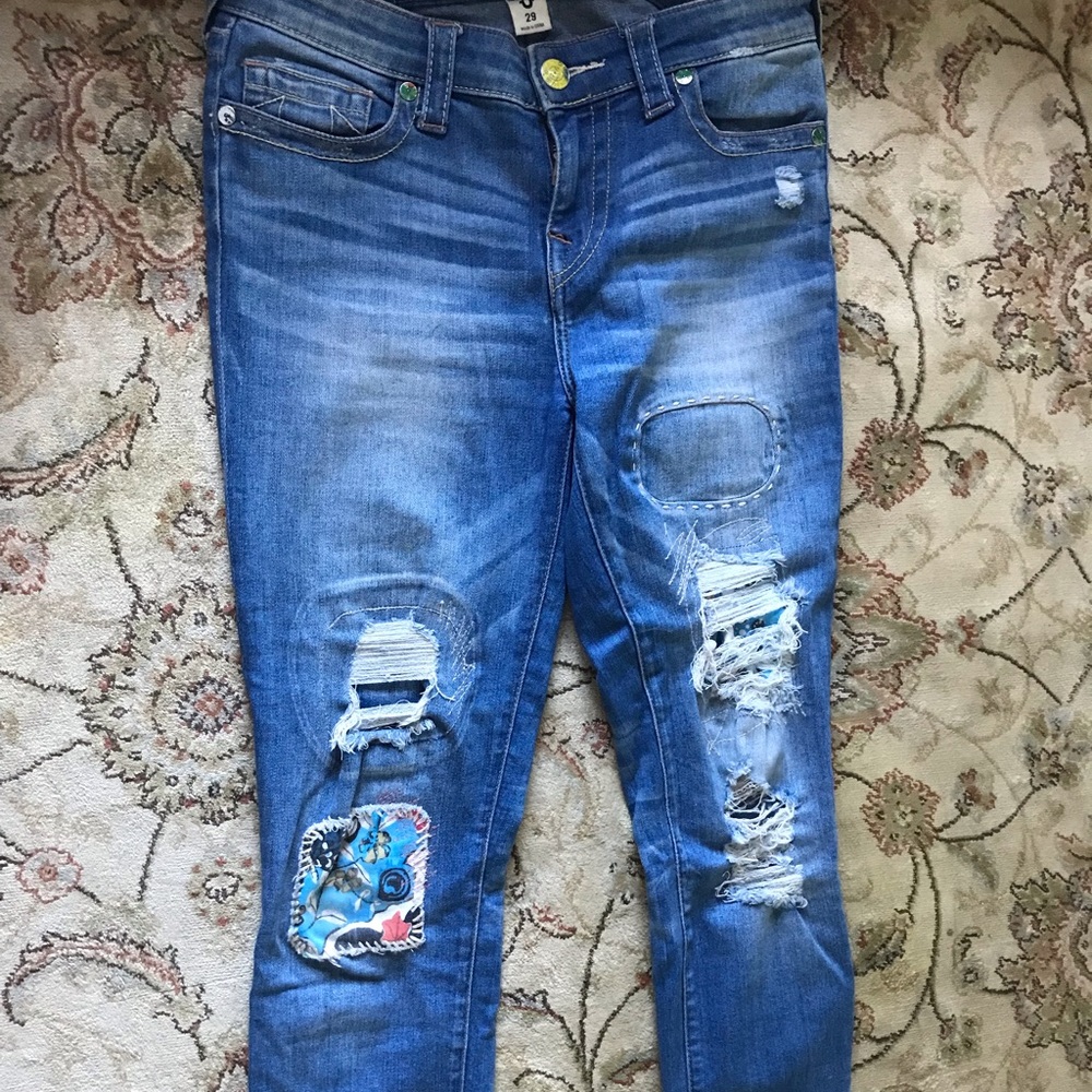 True Religion Halle mid rise skinny jeans with patches